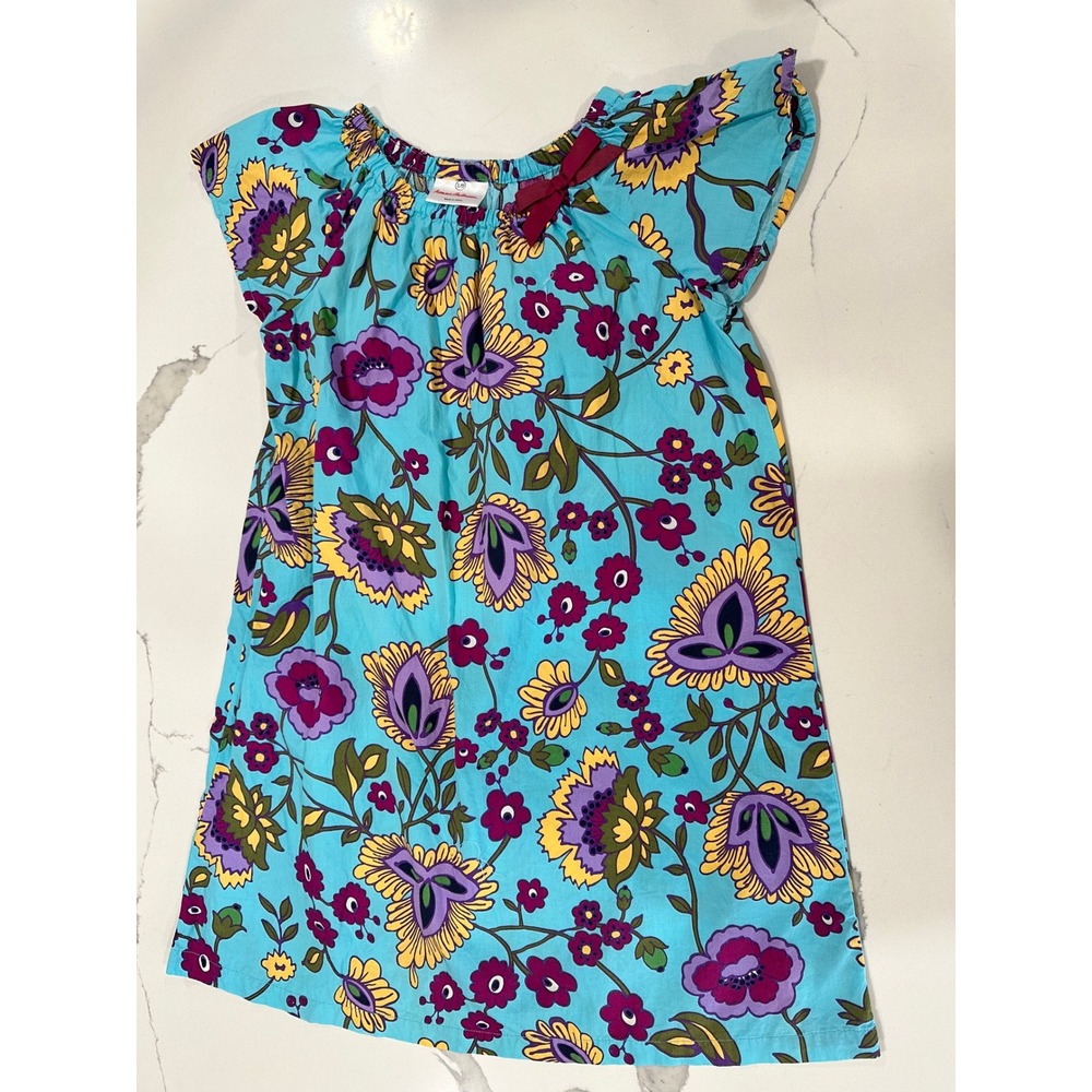 Hanna Andersson Girls Teal Blue Floral Cotton Dress Size 120 US 6-7